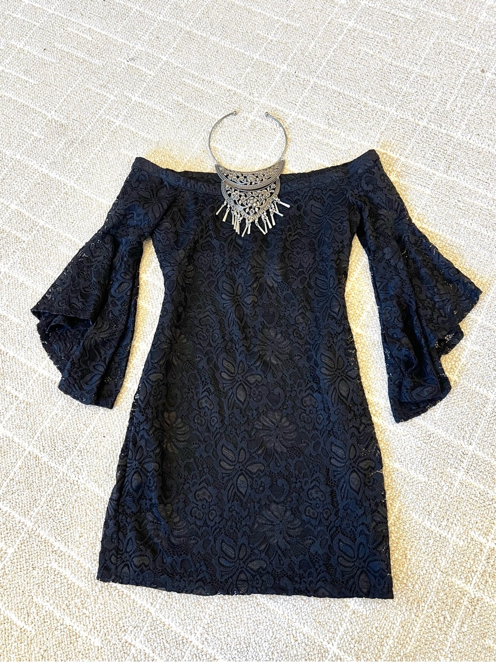 2 in 1 Off-Shoulder Black Lace Mini Dress